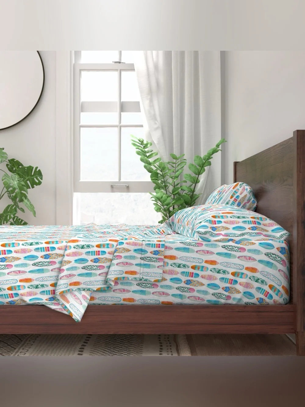Spoonflower Queen Bed Sheet Set in Surfboards Medium Scale Watercolor Print